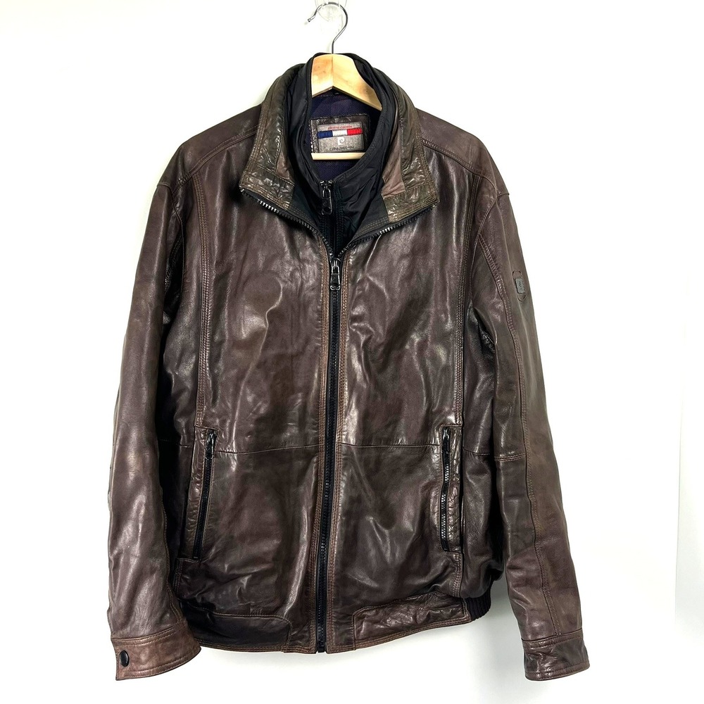 Vtg Pierre Cardin Mens EU 54 US L Brown Lamb Leather Bomber Jacket Heritage Moto